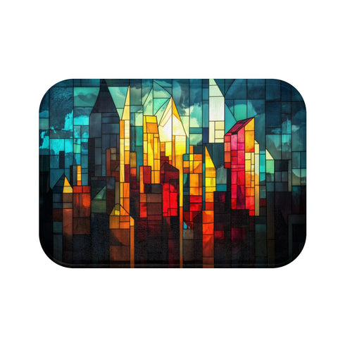 Stained Glass City Skyline Bath Mat