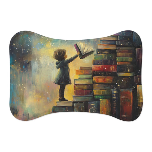 "Star-Seeker Pet Mat" - Inspire your furry friend's curiosity with this whimsical pet mat featuring a curious child reaching for the stars while surrounded by books. Perfect for adding a touch of imagination to your pet's space.
