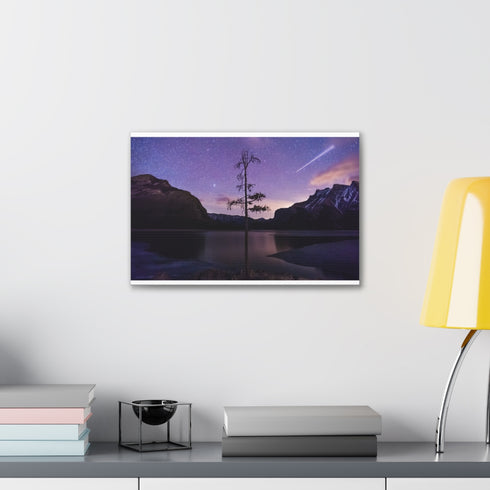 Starry Night Minnewanka Tree canvas print captures ethereal night sky magic.