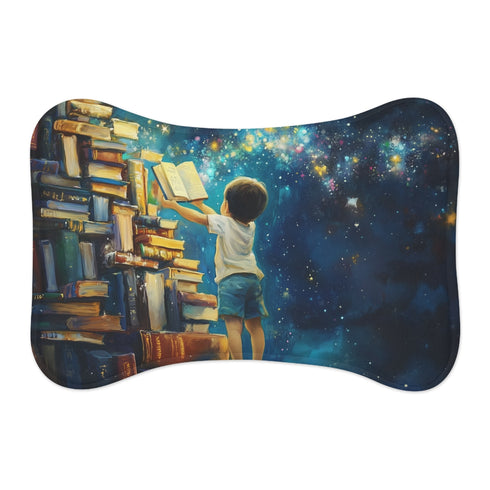 "Starry Night Pet Mat" - Spark your pet's curiosity with this enchanting mat featuring a child reaching for the stars with books. Perfect for playtime and lounging alike.