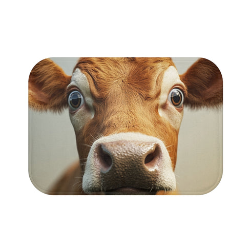 "Start your day with a startled cow bath mat"