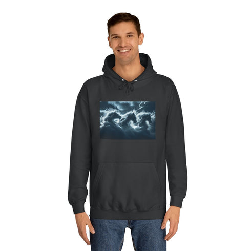 Storm Clouds Shaped Like Mythical Beasts Graphic Unisex College Hoodie - Lifestyle Model View