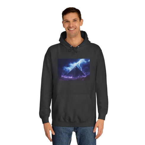 Storm Over an Electric Pyramid Graphic Unisex College Hoodie - Lifestyle Model View