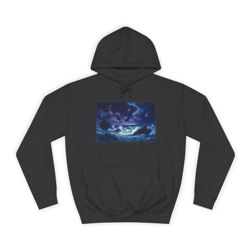 Stormy Ocean with Levitating Rocks Graphic Unisex College Hoodie - Jet Black Front