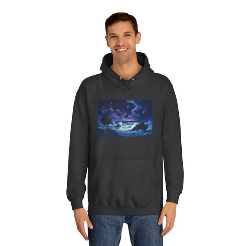 Stormy Ocean with Levitating Rocks Graphic Unisex College Hoodie - Lifestyle Model View
