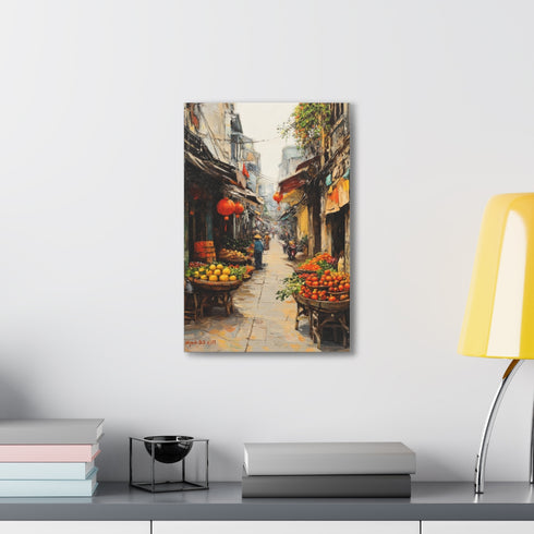 Stunning Hanoi Vietnam canvas: vibrant street scene, 18" x 12".