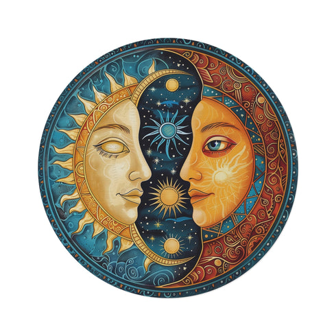 "Sun and Moon Mandala Round Rug: A Celestial Twist"