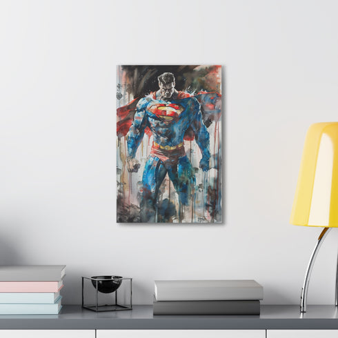 Superman soaring through sky canvas, vibrant hero print for superhero fans.