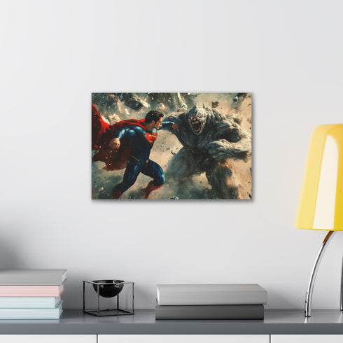 Superman vs Doomsday epic battle canvas art with vibrant colors.