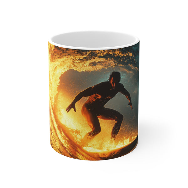 Surfer Riding Fiery Waves Mug