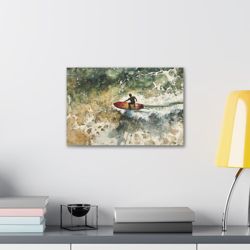 Aerial surfers on canvas tackling massive waves in Surfing the Wave.