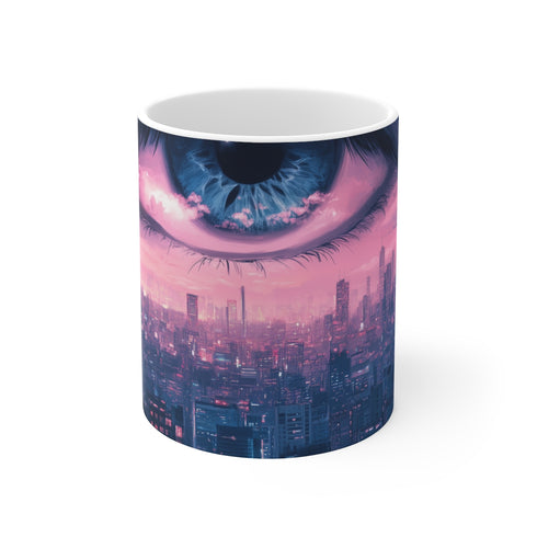 "Surreal Eye-Illustrated Cityscape Mug"