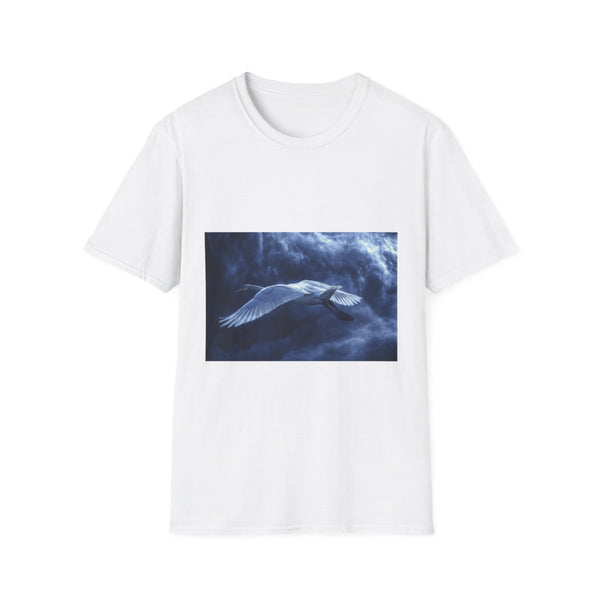 Swan Flying Through Binary Storm Graphic Unisex Softstyle T-Shirt - Front View