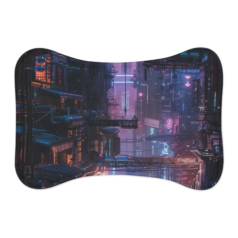 "Tech-Pet Haven Mat: Cyberpunk Cityscape"