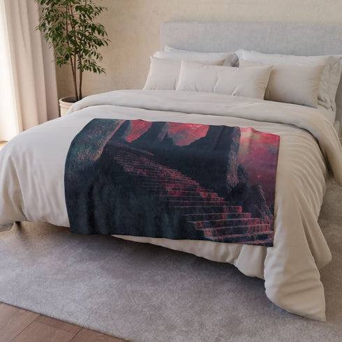 Temple Stairs Disappearing into Cosmos Plush Fleece Throw Blanket