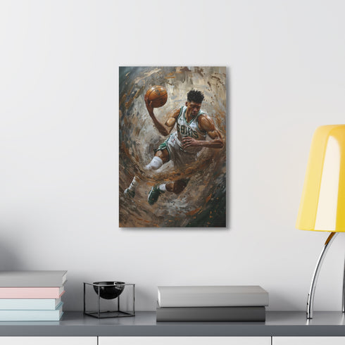 Greek Freak dominates court canvas art for basketball fans wall.