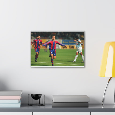 Barcelona legend Ronaldo Nazario canvas print with hanging hardware.