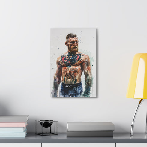 Watercolor canvas of Connor McGregor, UFC champion, raw power & emotion