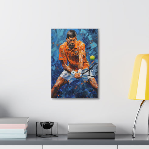 Canvas wall art of tennis star Djokovic celebrating a victory.