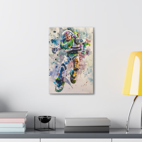 Buzz Lightyear action canvas print for Toy Story fans, 18" x 12".