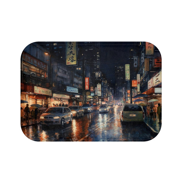 Tokyo at Night — Non-Slip Bath Mat — Top-Down Velvet Microfibre Artwork View