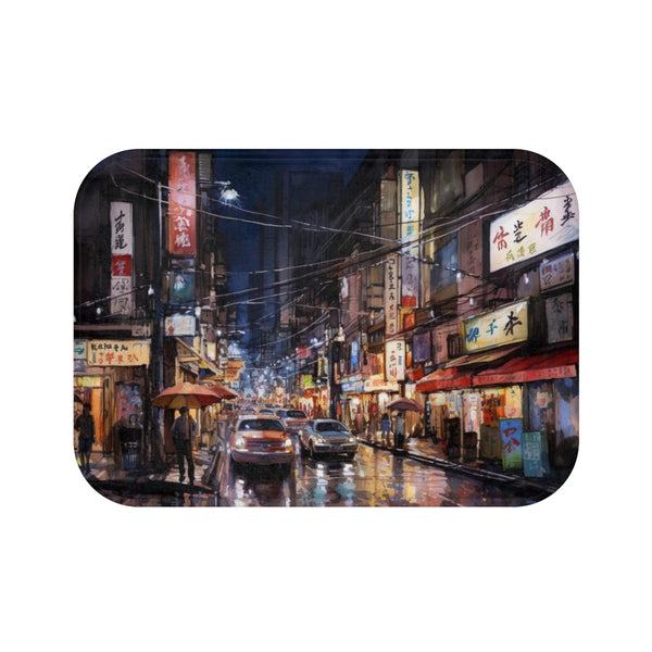 Tokyo Night — Non-Slip Bath Mat — Top-Down Velvet Microfibre Artwork View