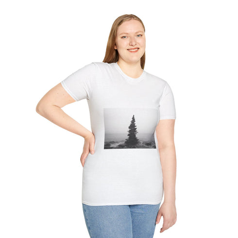 Tower of Sound Rising from Silence Graphic Unisex Softstyle T-Shirt - Model View