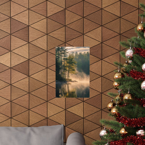 Tranquil Lake at Dawn Mist Poster - Serene nature scene indoors.