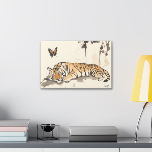 Tranquil tiger & butterfly canvas, serene art decor for home.