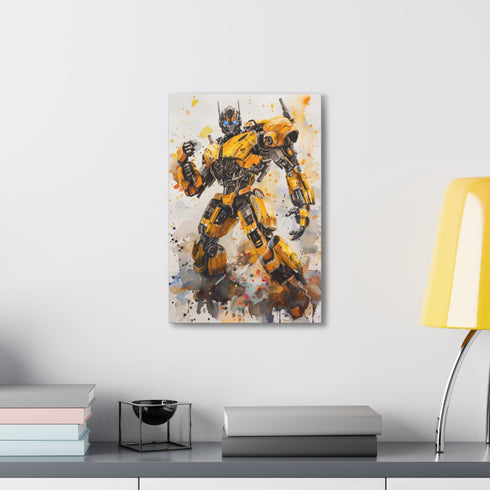 Metallic bumblebee transformers canvas art with hanging hardware.