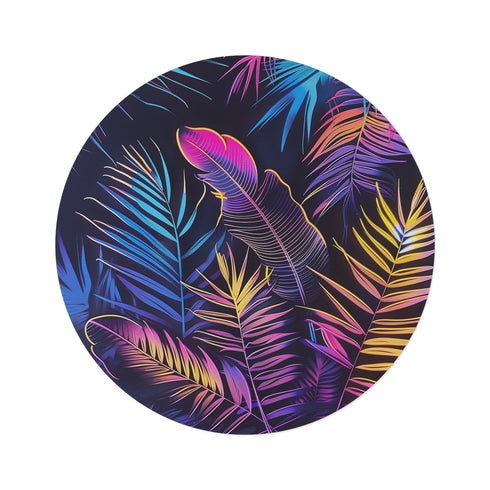 "Tropical Leaves Round Rug: Vibrant, Exotic, Statement Piece"