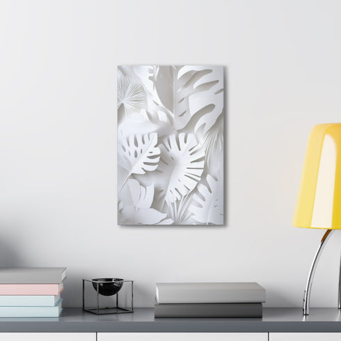 Tropical oasis white light canvas print, papercut-style design.