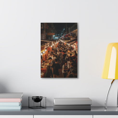 Vibrant Asian night market lights canvas print for home decor.
