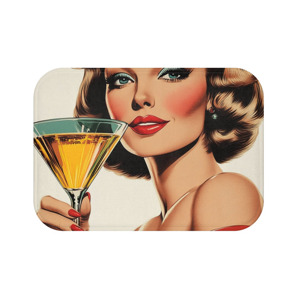 "Vintage Cheers Bath Mat: Retro Chic Mat Featuring Classic Woman Toasting"