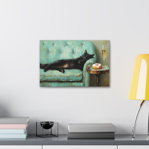 Vintage Teal Sleeping Black Cat Canvas Art Print Cozy Home Decor