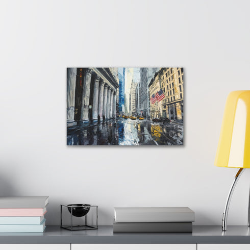 Vibrant NYC Wall Street painting print on canvas, 18"x12", 1.25" depth.