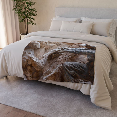 Warrior Carving Time into Rock Wall Plush Fleece Throw Blanket