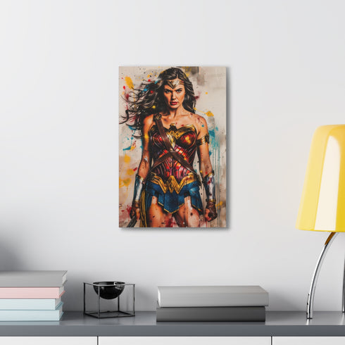 Warrior woman canvas art print in action with hanging hardware.