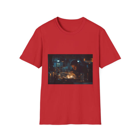 Watchmaker Assembling Time with Light Graphic Unisex Softstyle T-Shirt - Red Variant