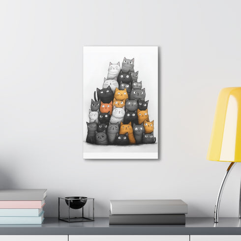 Whimsical tower of playful cats on canvas - top spring decor.