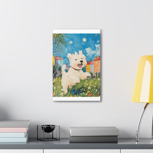 Whimsical white Westie frolicking freely canvas art for dog lovers.