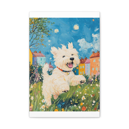 "Whimsical White Westie Frolicking Freely"