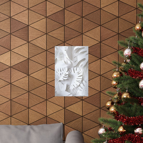 White tropical paradise paper cutout poster with intricate nature elements.