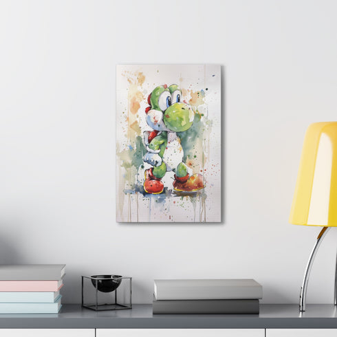 Vibrant canvas print featuring Yoshi in Mushroom Kingdom adventure, 18" x 12"
