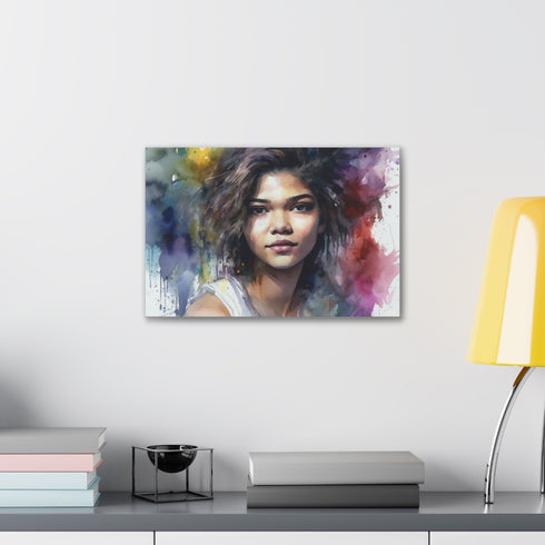 Zendaya watercolor portrait canvas wall art with hanging hardware.