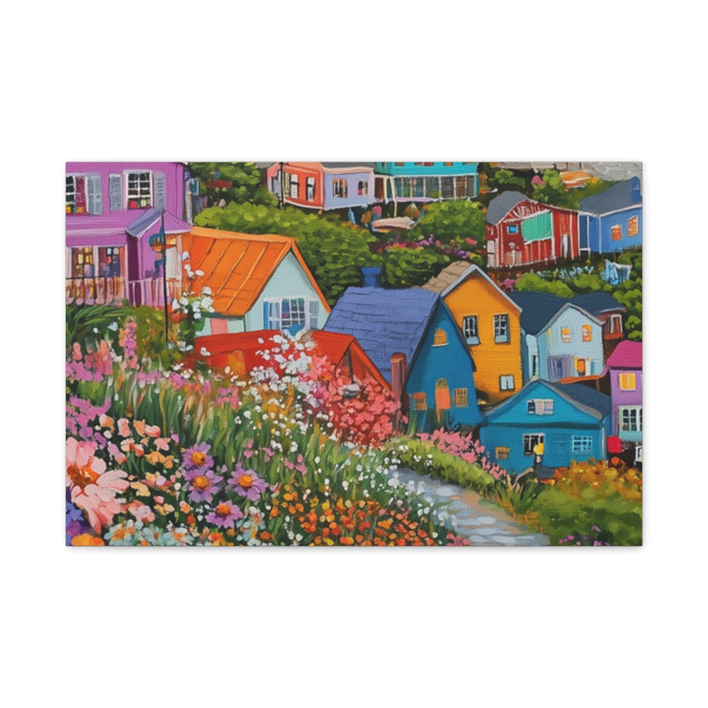 Colorful Coastal Town with Flowers Canvas Wall Art - Kitchen & Breakfast Nook Sizing Guide UK