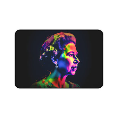 "Queen Elizabeth Neon Desk Mat - Vibrant watercolor image of young Queen Elizabeth II for regal office decor"