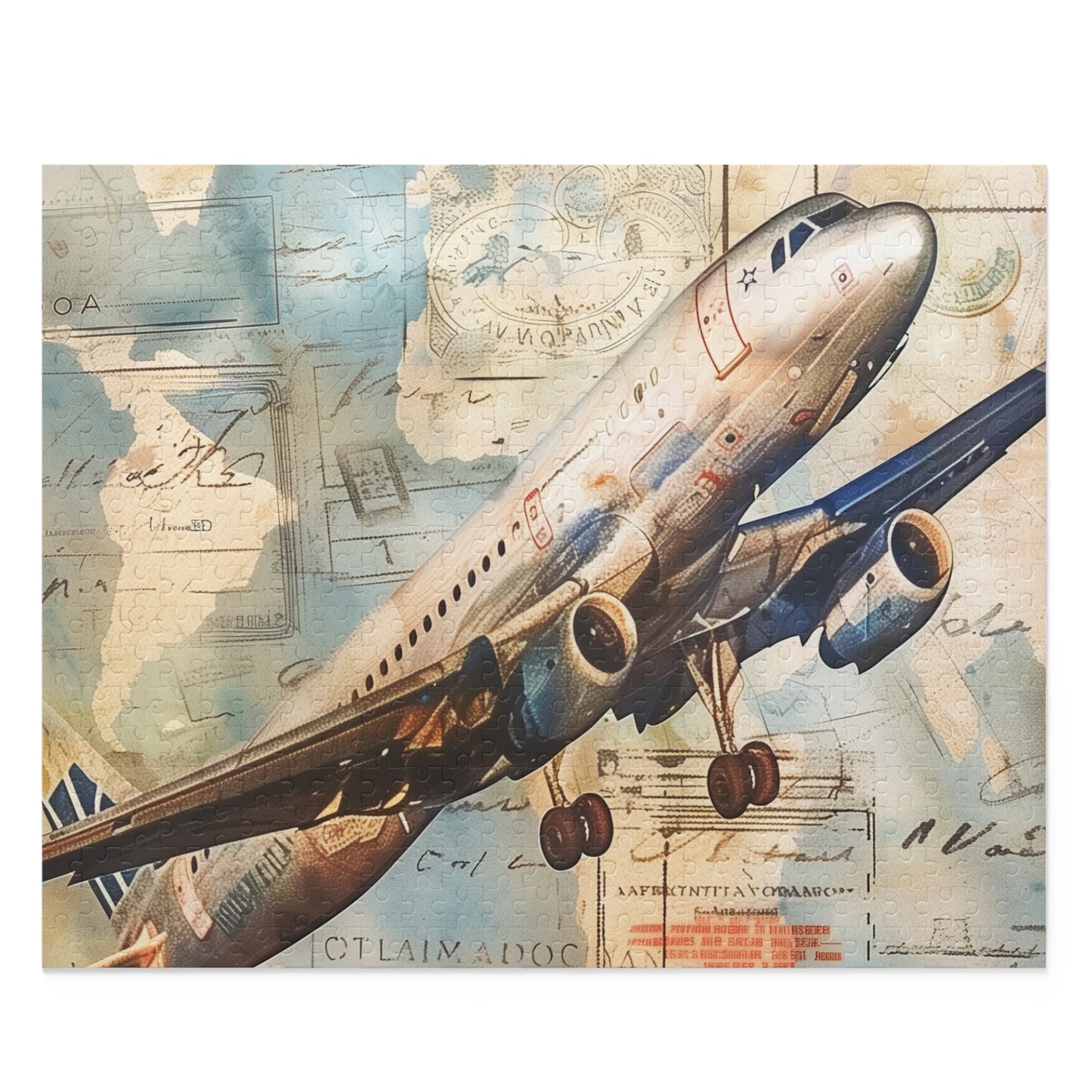 Vintage Airplane Travel Puzzle - Engage in wanderlust with this nostalgic jigsaw featuring intricate travel stamps. Perfect for aviation enthusiasts!