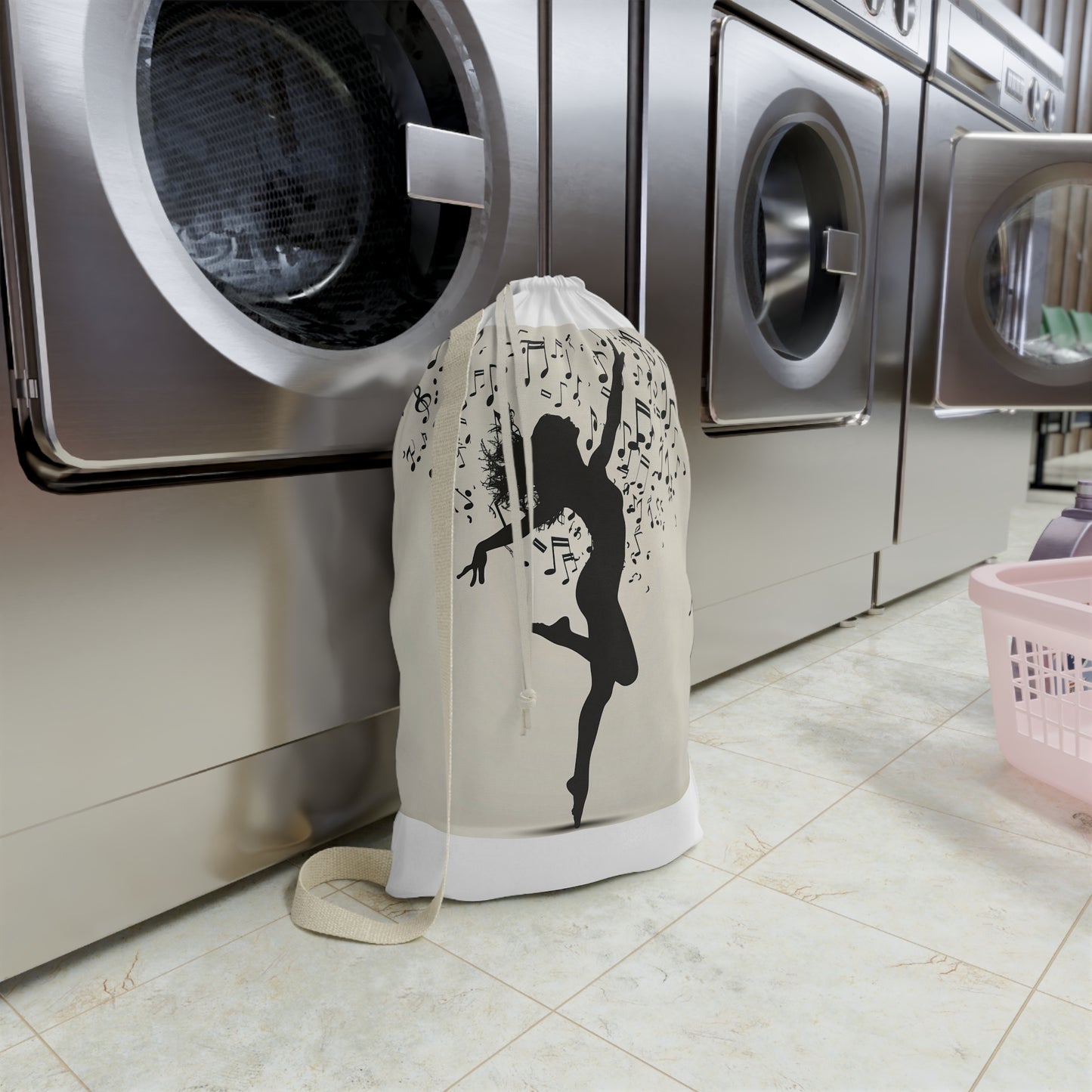 "Silhouette dancer and musical notes laundry bag, stylish addition to decor"