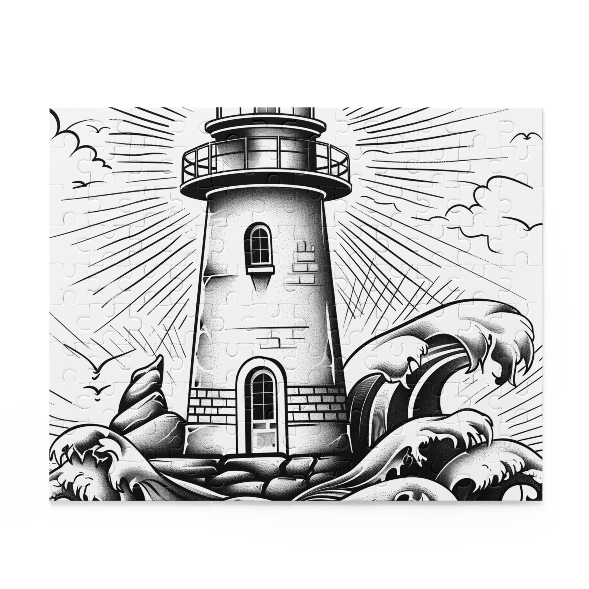 Coastal Beacon Jigsaw Puzzle - Hand-drawn lighthouse against crashing waves, perfect decor & entertainment.